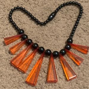 VINTAGE FIOCCHI ART DECO BLACK & ORANGE/RED BAKELITE EGYPTIAN BIB NECKLACE